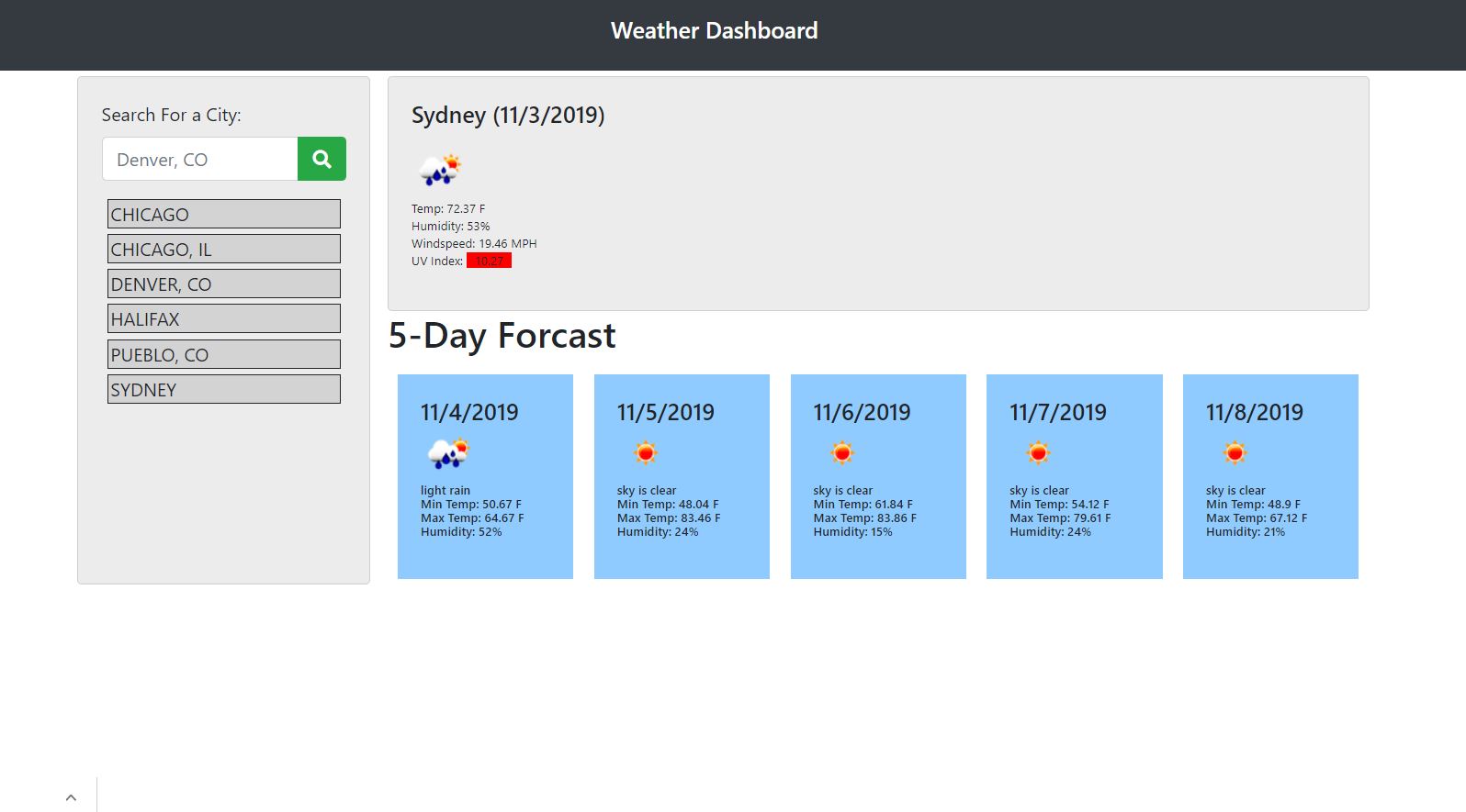 Image of weather dashboard app